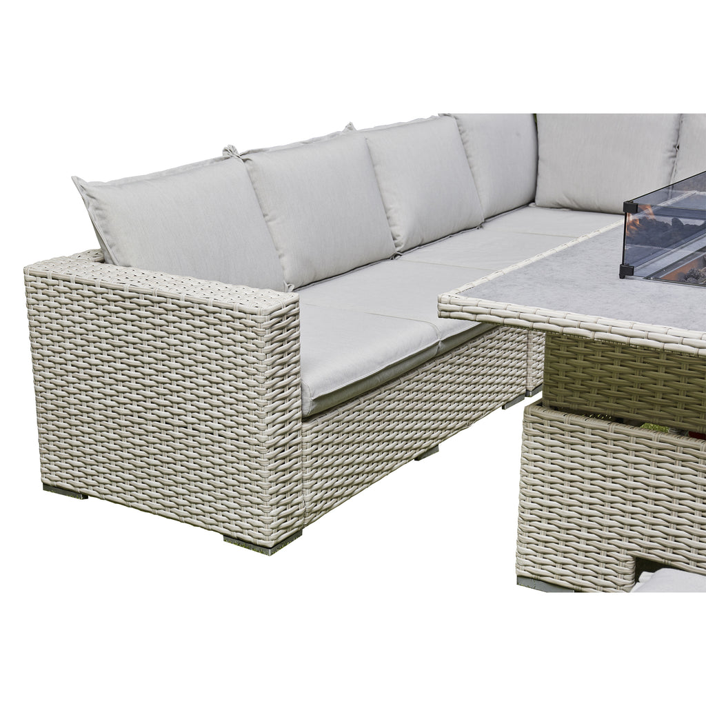 Sorrento Rattan Corner Sofa And Adjustable Fire Pit Table With Large And Small Bench