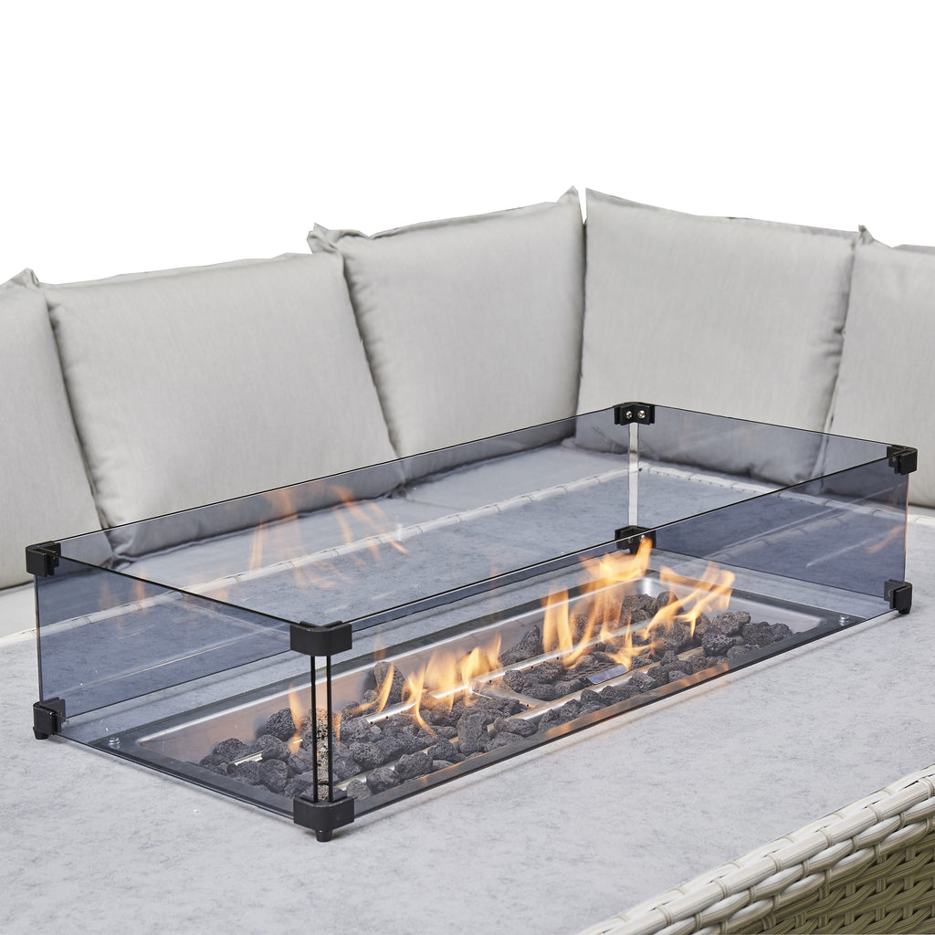 Sorrento Rattan Corner Sofa And Adjustable Fire Pit Table With Large And Small Bench