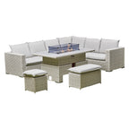 Sorrento Rattan Corner Sofa And Adjustable Fire Pit Table With Large And Small Bench