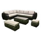 Bali Rattan Corner Sofa And Ceramic Coffee Table With Large And Small Stool