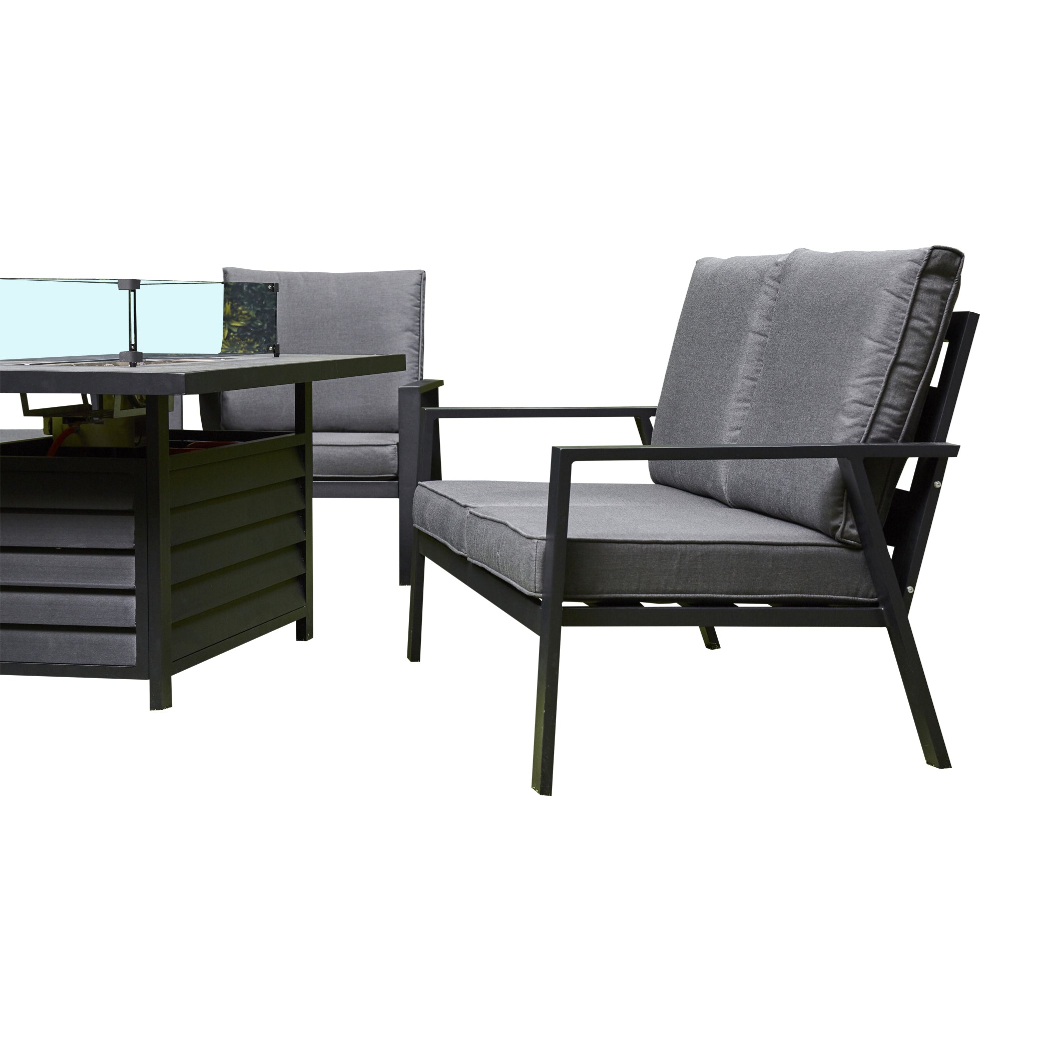 Paris Aluminium Garden Fire Pit Dining Table Two Benches And Two Arm Chairs