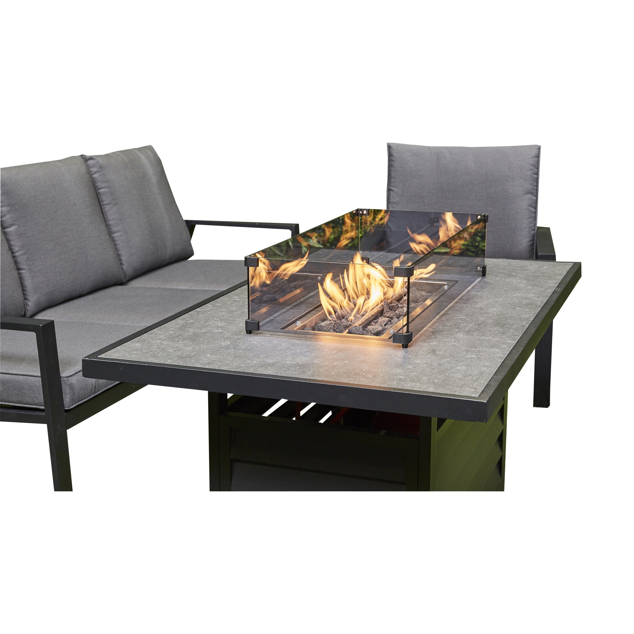 Paris Aluminium Garden Fire Pit Dining Table Two Benches And Two Arm Chairs
