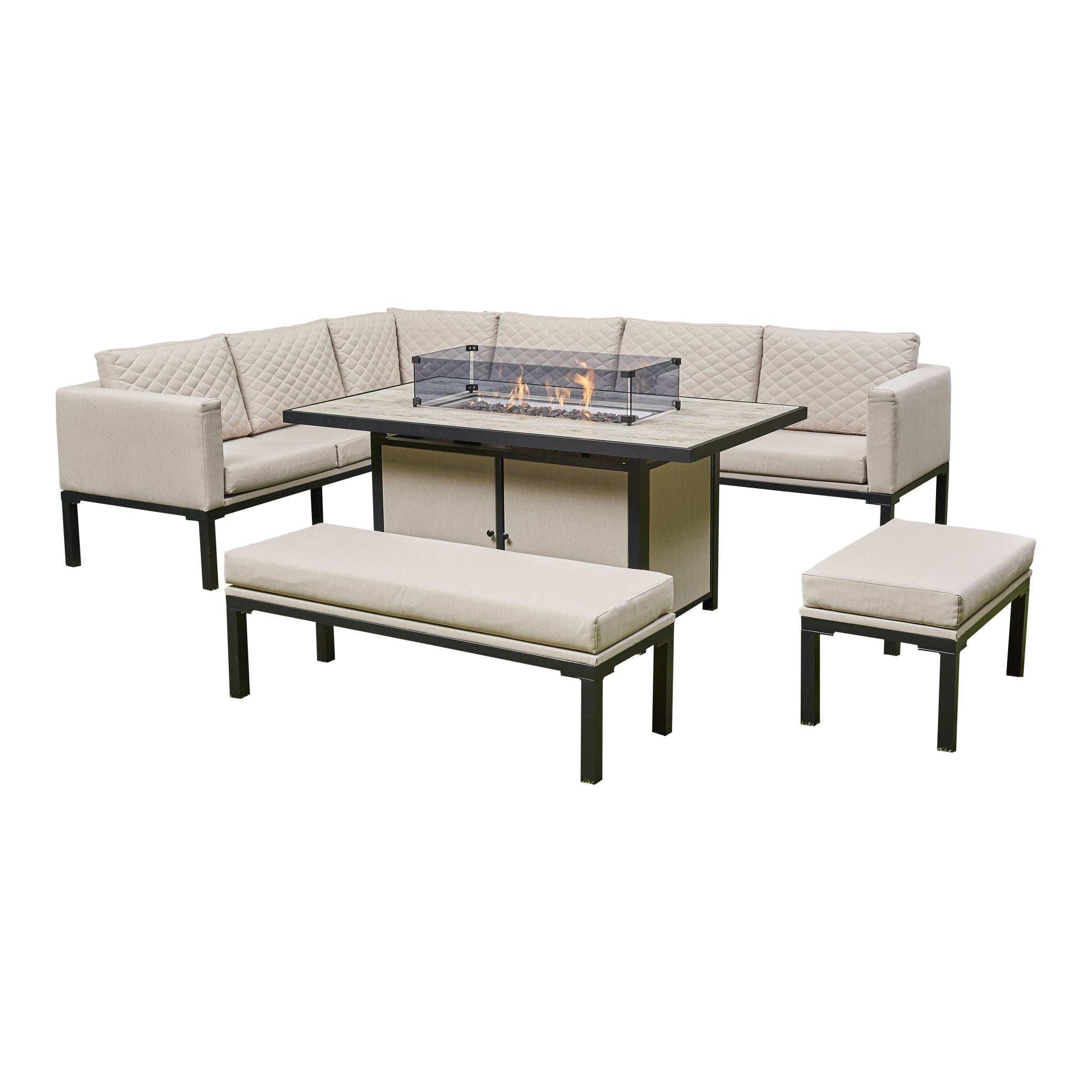 Miami Aluminum Corner Sofa And Ceramic Fire Pit Table With Large And Small Benches