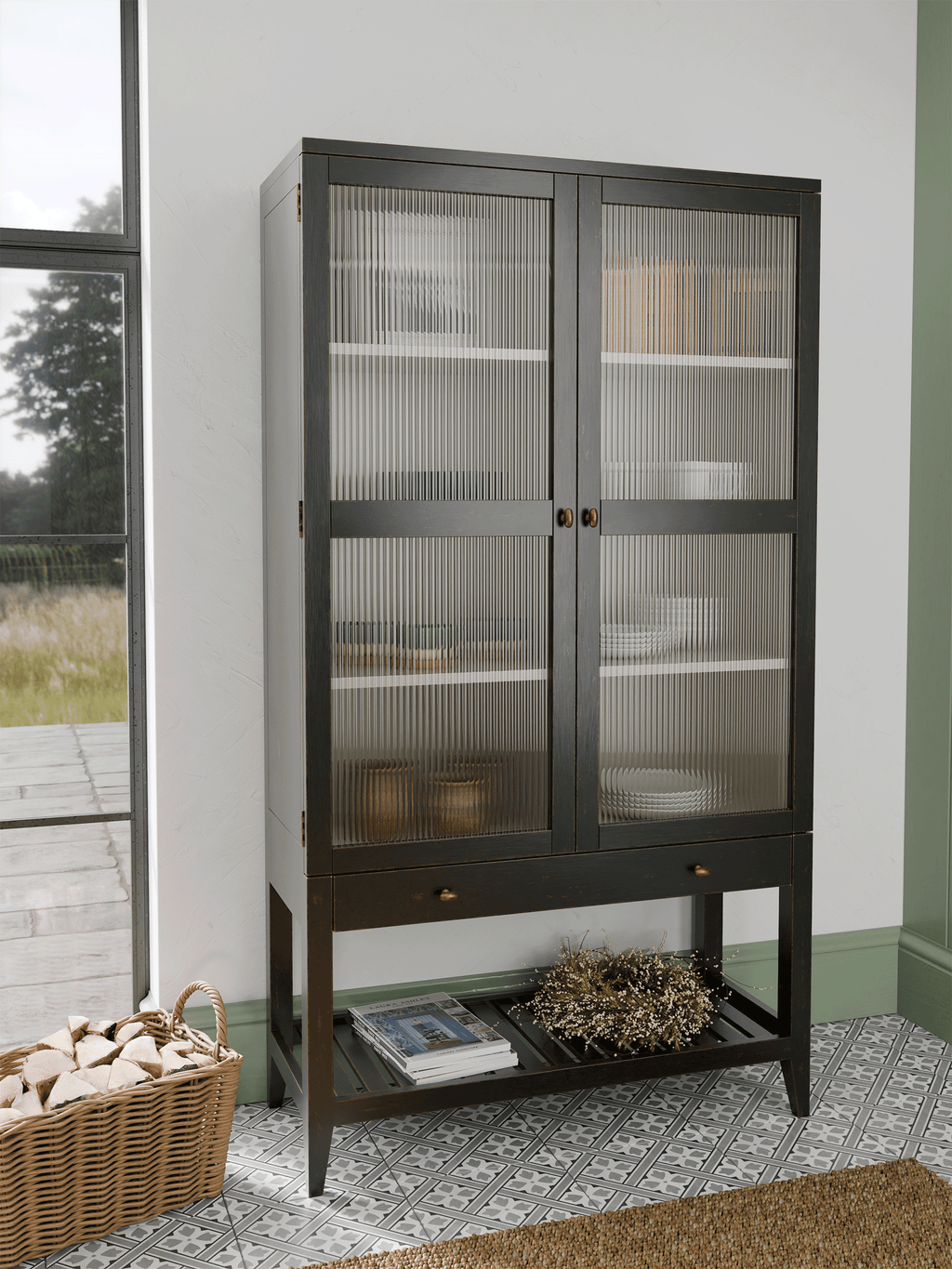 Barwick Charcoal & Soft Natural 2 Door 1 Drawer Glazed Cabinet