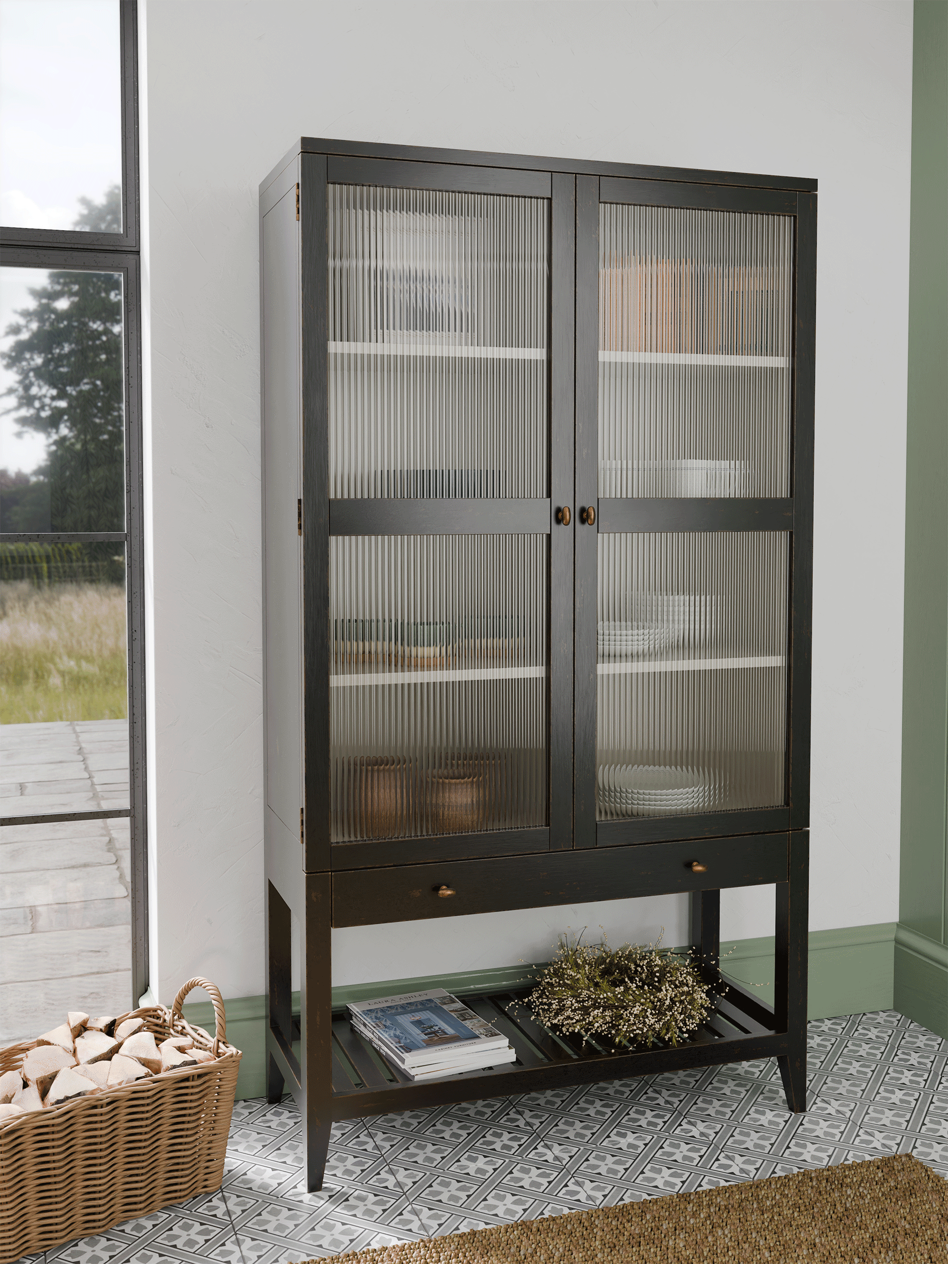 Barwick Charcoal & Soft Natural 2 Door 1 Drawer Glazed Cabinet