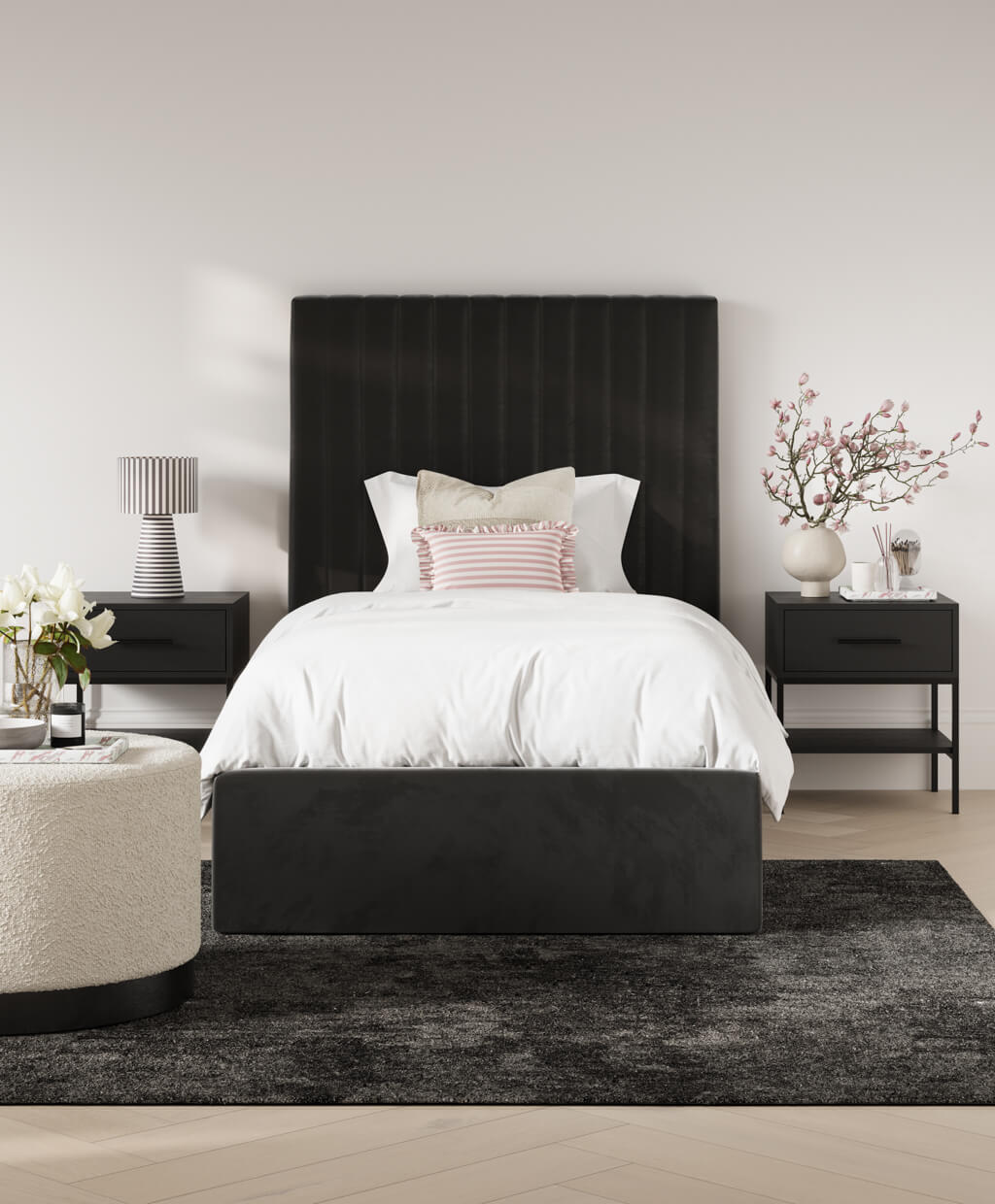 BERLIN BLACK TALL OTTOMAN SINGLE BED