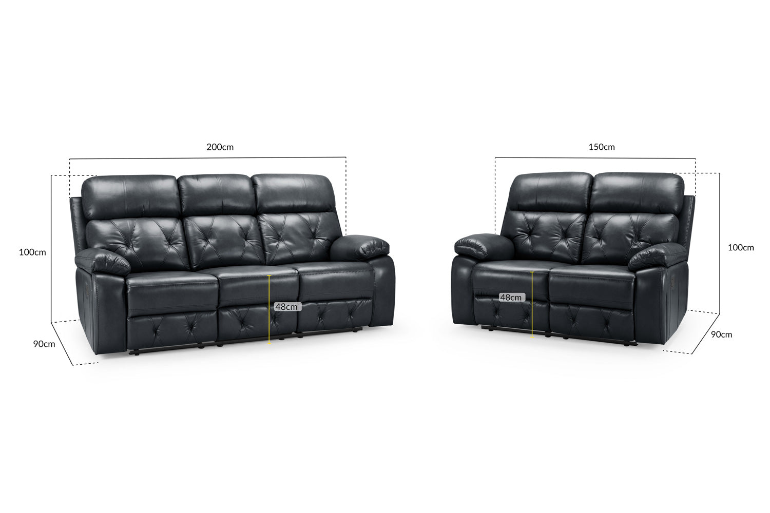 Cody Black Faux Leather Quilted Back Manual Reclining 3 Seater