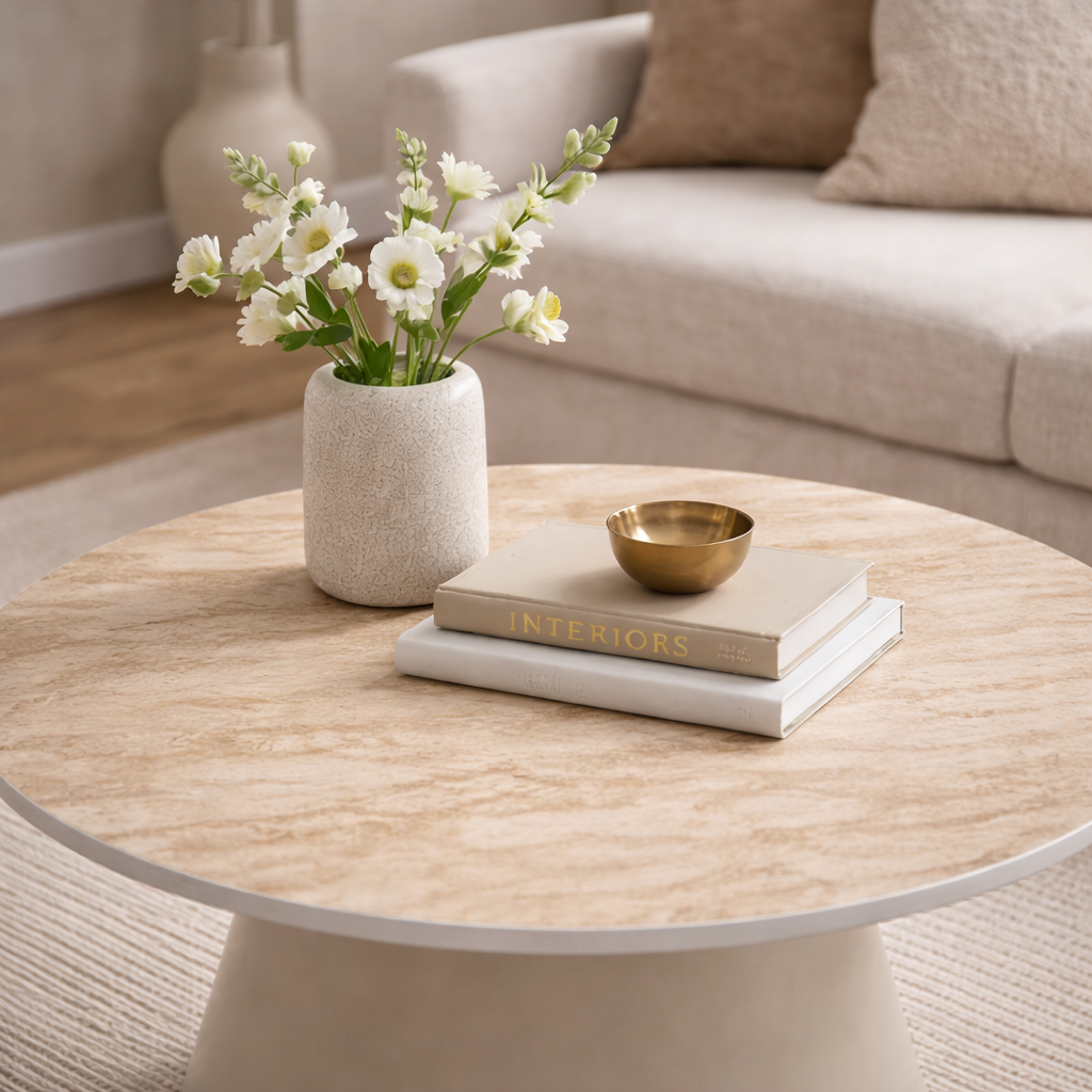 Luna Coffee & End Tables Matt Taupe & Travertine Set of 2