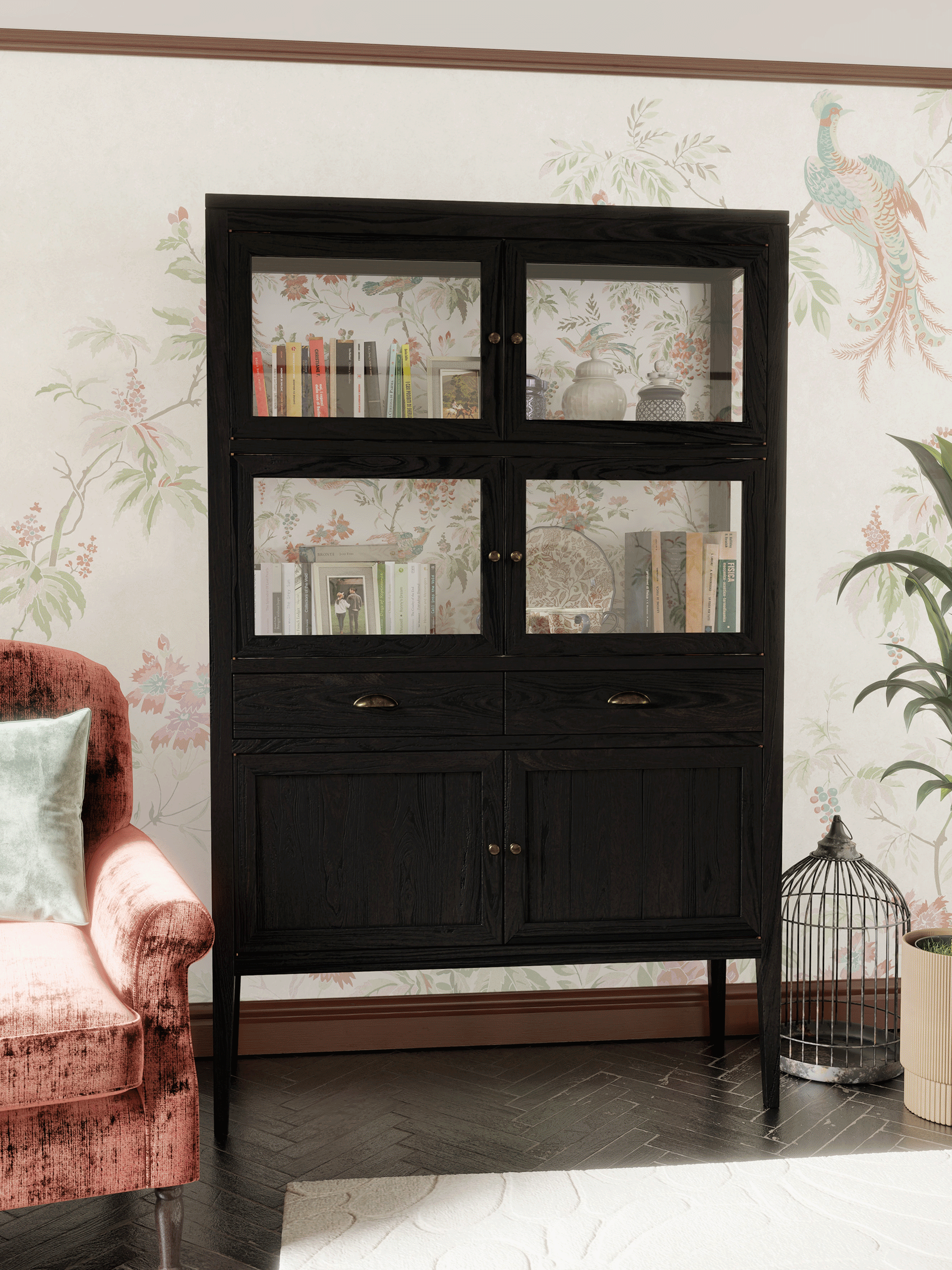 Elmhurst Black 6 Door 2 Drawer Display Unit