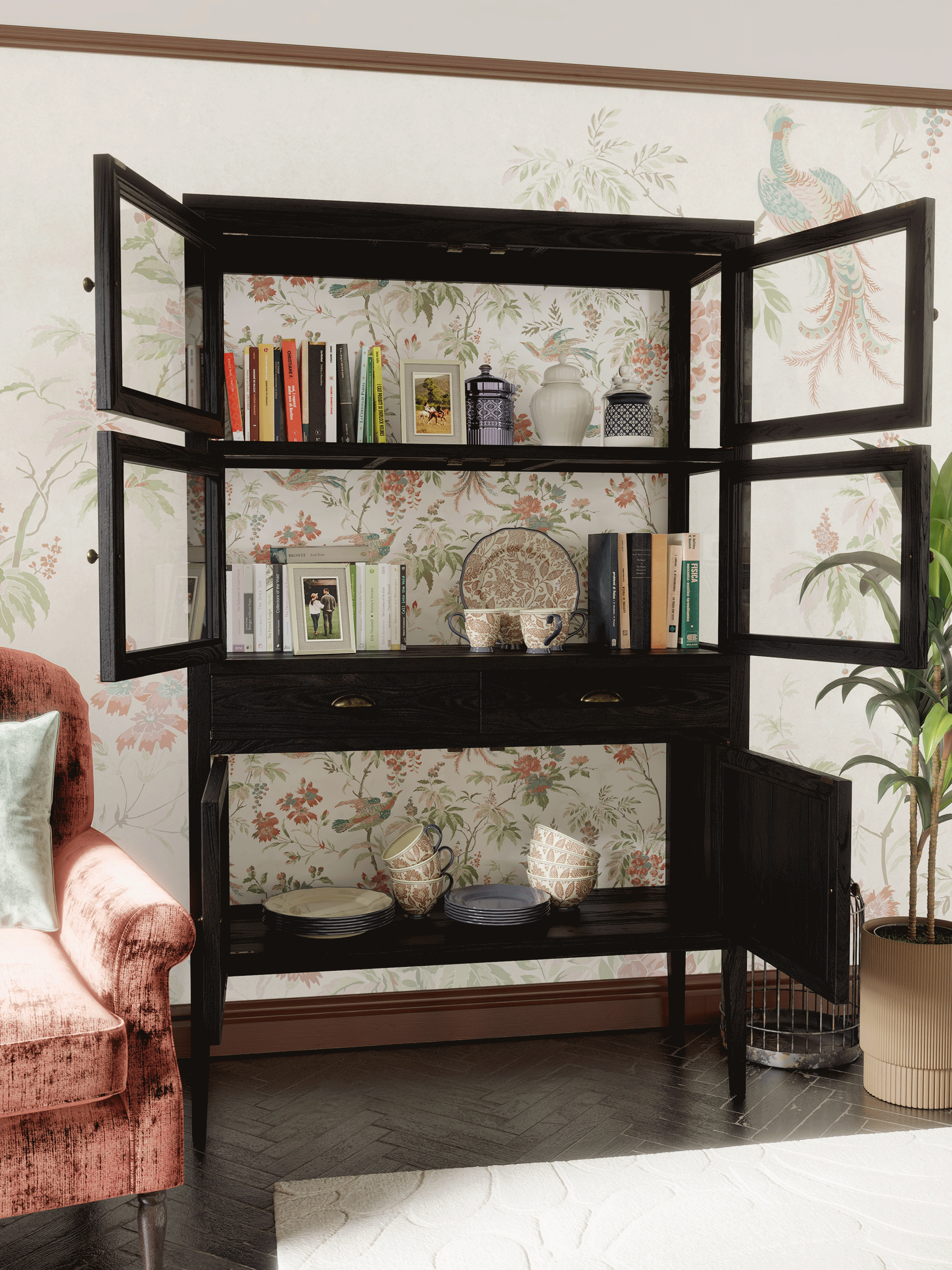 Elmhurst Black 6 Door 2 Drawer Display Unit