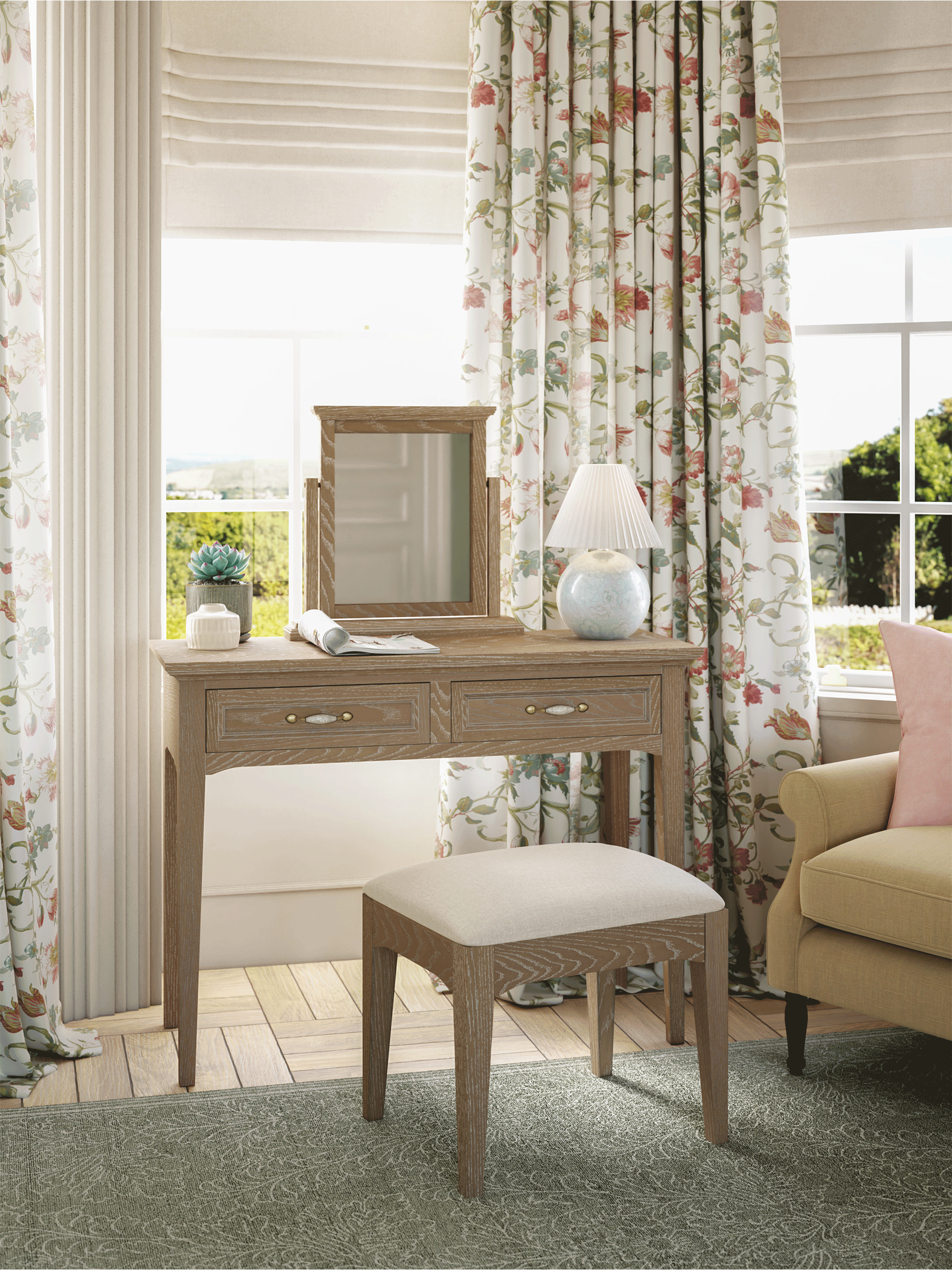 Ennis Oak & Ash 2 Drawer Dressing Table, Stool & Mirror Set