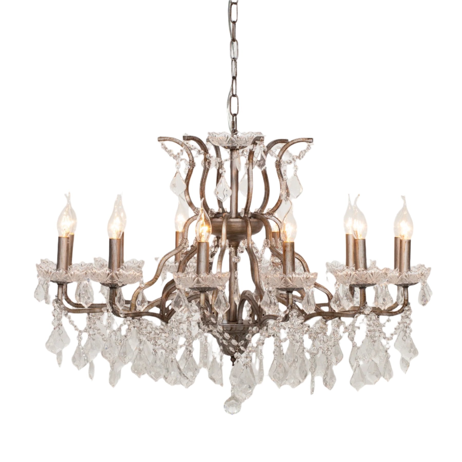 Antiqued Silver 12 Branch Shallow Cut Glass Chandelier