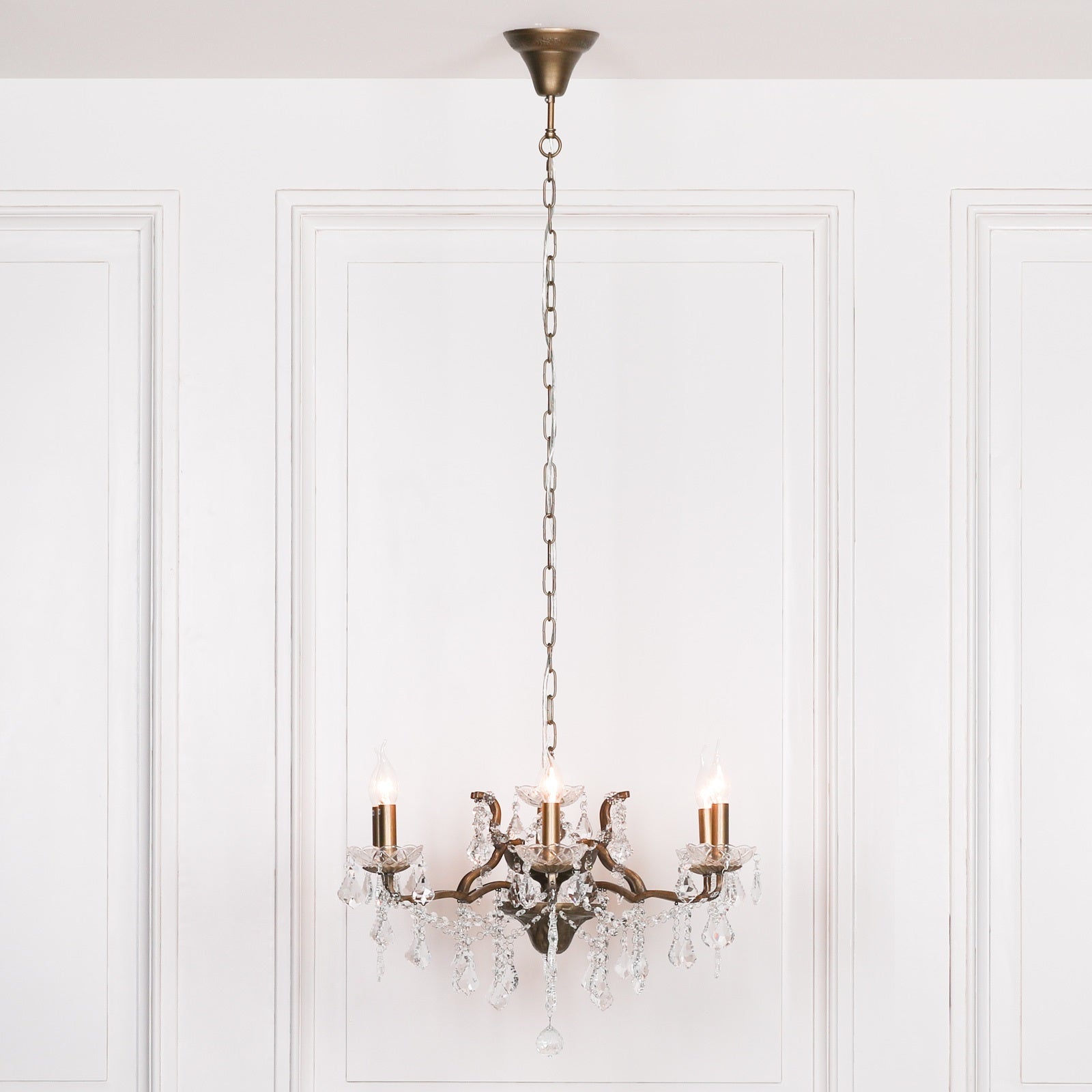 Antique Gold 6 Branch Shallow Cut Glass Chandelier