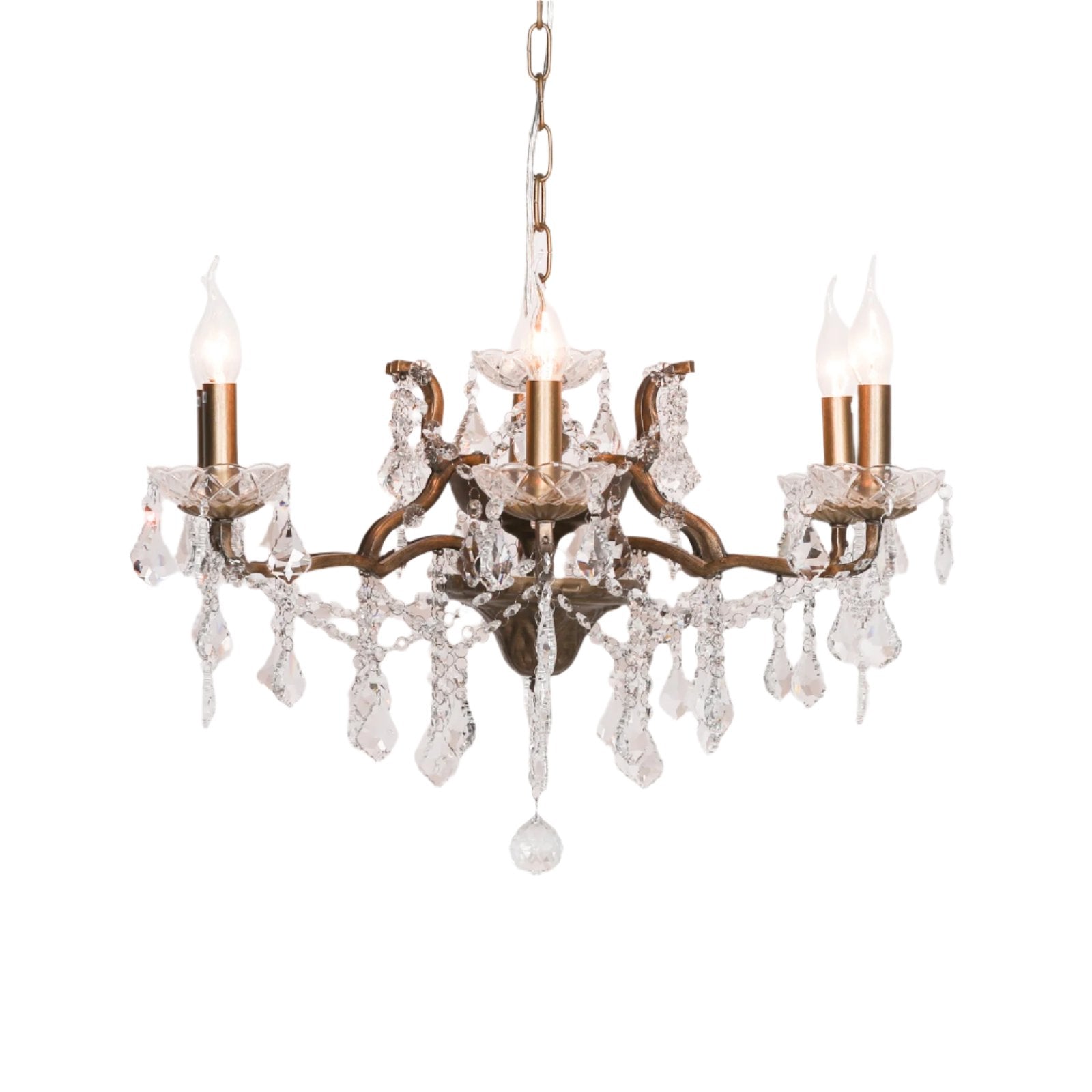 Antique Gold 6 Branch Shallow Cut Glass Chandelier