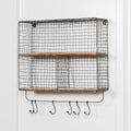 Wire 3 Compartment Wall Shelf with Wood Shelves and Hooks