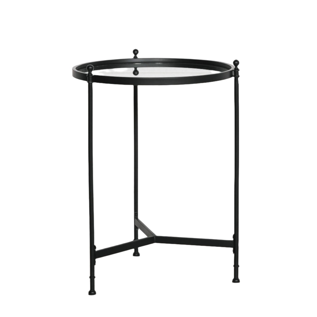 Black Iron Round Side Table with Antique Mirror Glass
