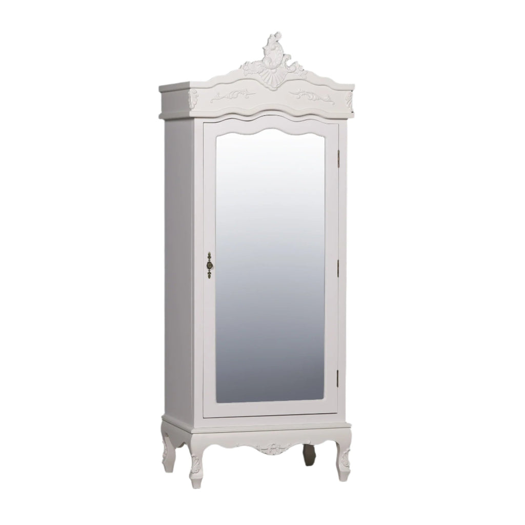 French White Single Door Armoire with Mirrored Door