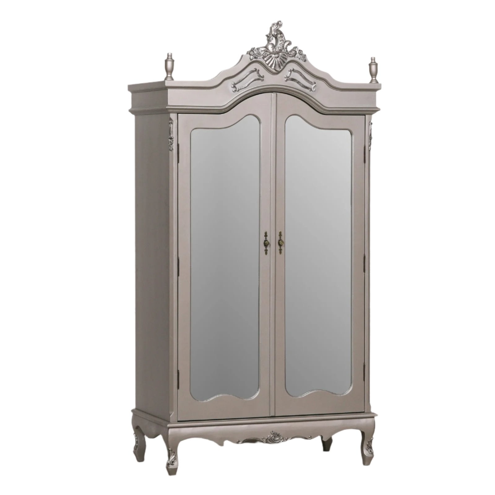French Antique Silver Double Mirrored Door Armoire Wardrobe