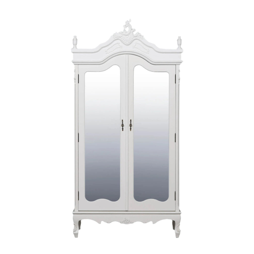 French White Double Mirrored Door Armoire