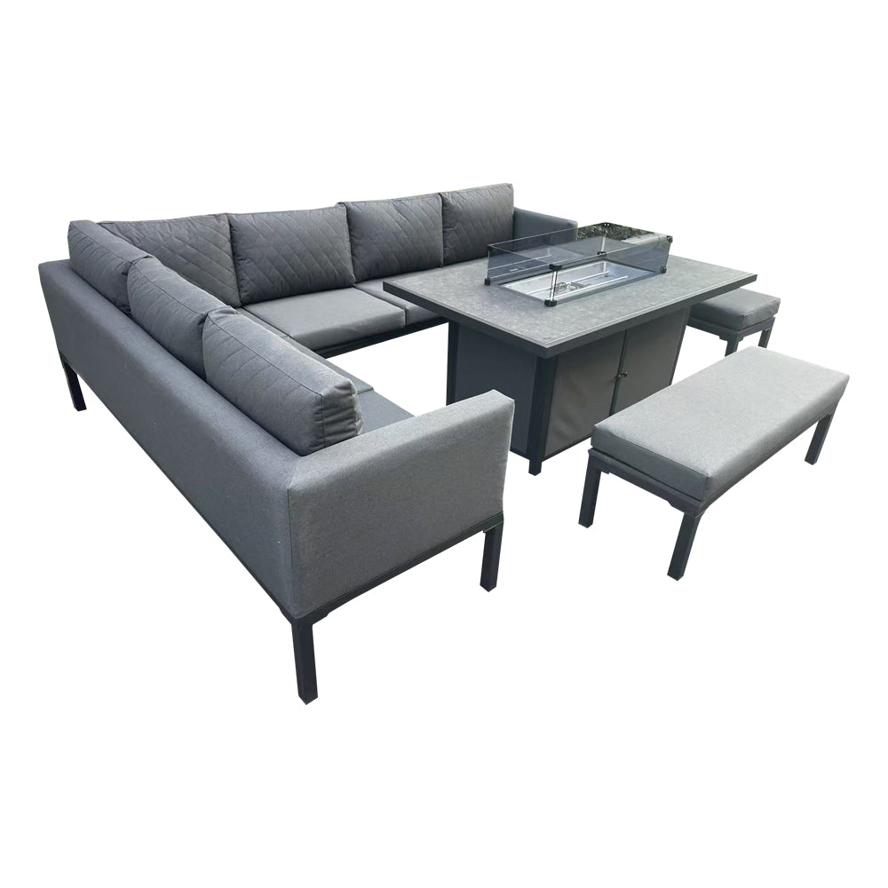 Barcelona Aluminum Corner Sofa And Ceramic Fire Pit Table With Small And Large Benches