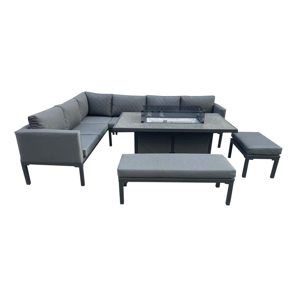 Barcelona Aluminum Corner Sofa And Ceramic Fire Pit Table With Small And Large Benches