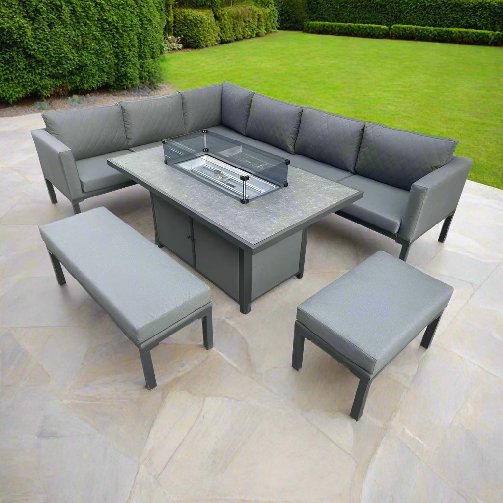 Barcelona Aluminum Corner Sofa And Ceramic Fire Pit Table With Small And Large Benches