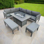 Barcelona Aluminum Corner Sofa And Ceramic Fire Pit Table With Small And Large Benches