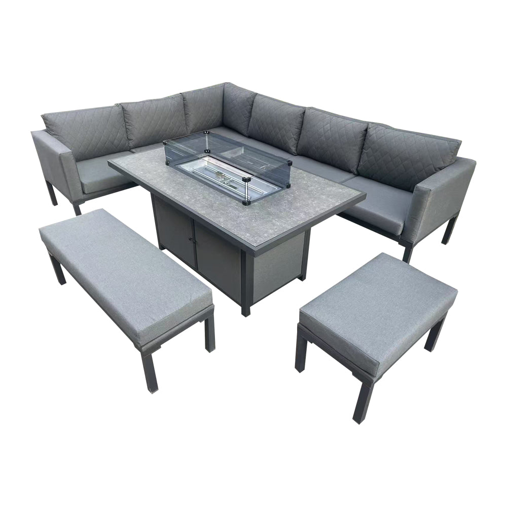 Barcelona Aluminum Corner Sofa And Ceramic Fire Pit Table With Small And Large Benches