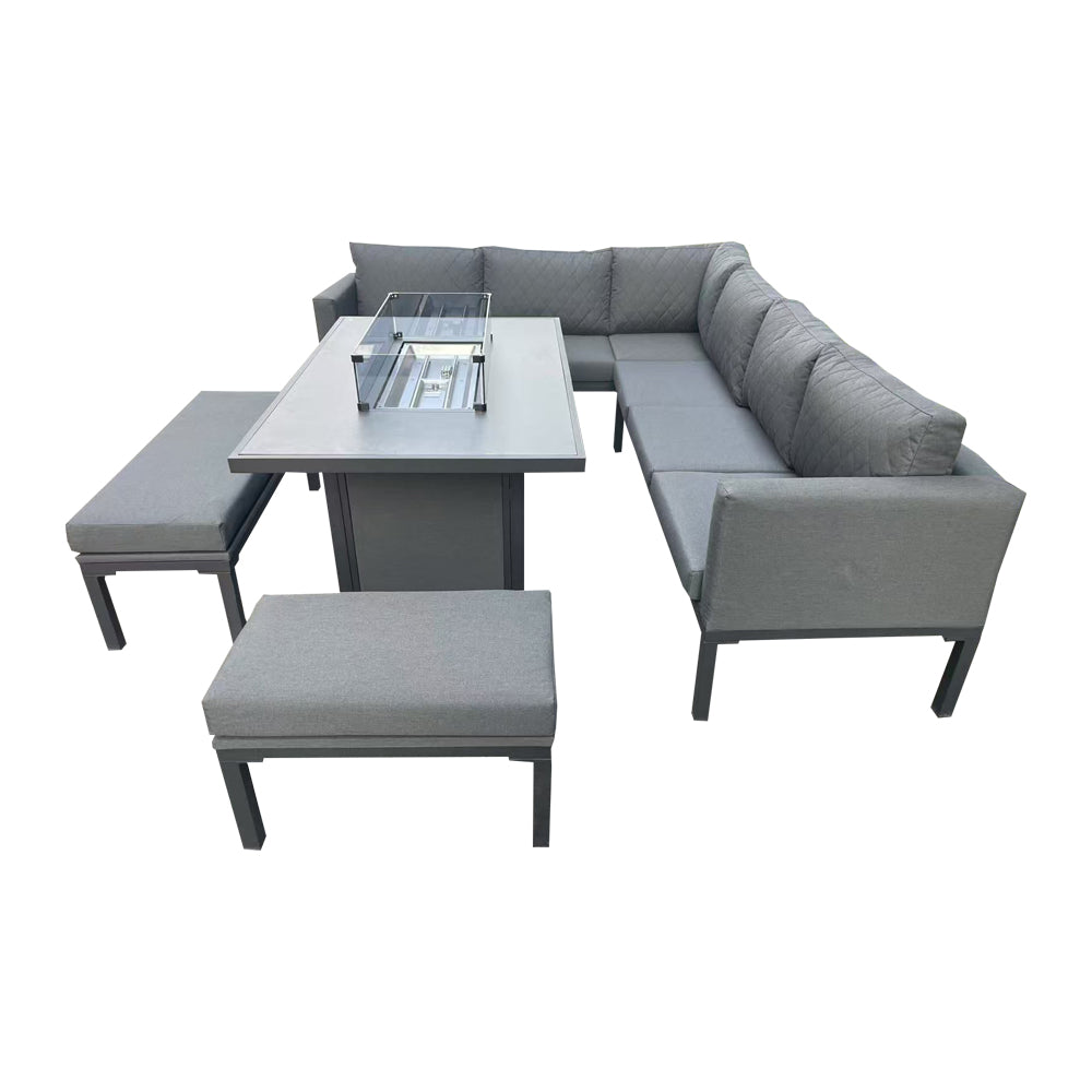 Barcelona Aluminum Corner Sofa And Ceramic Fire Pit Table With Small And Large Benches
