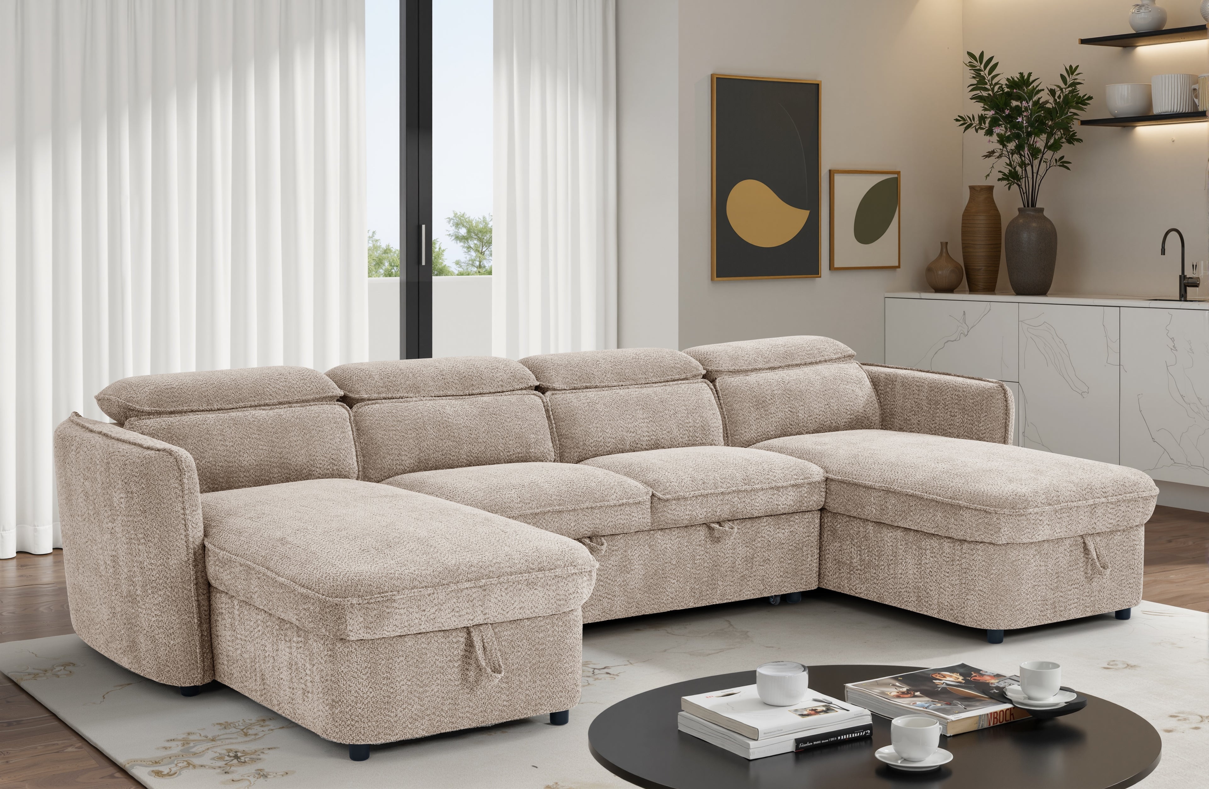 Capri Sofabed U shape Corner Sofa Bed Beige With Adjustable Headrests Morgan | Malvern | Somerford | Calix | Euphoria | Plush Style