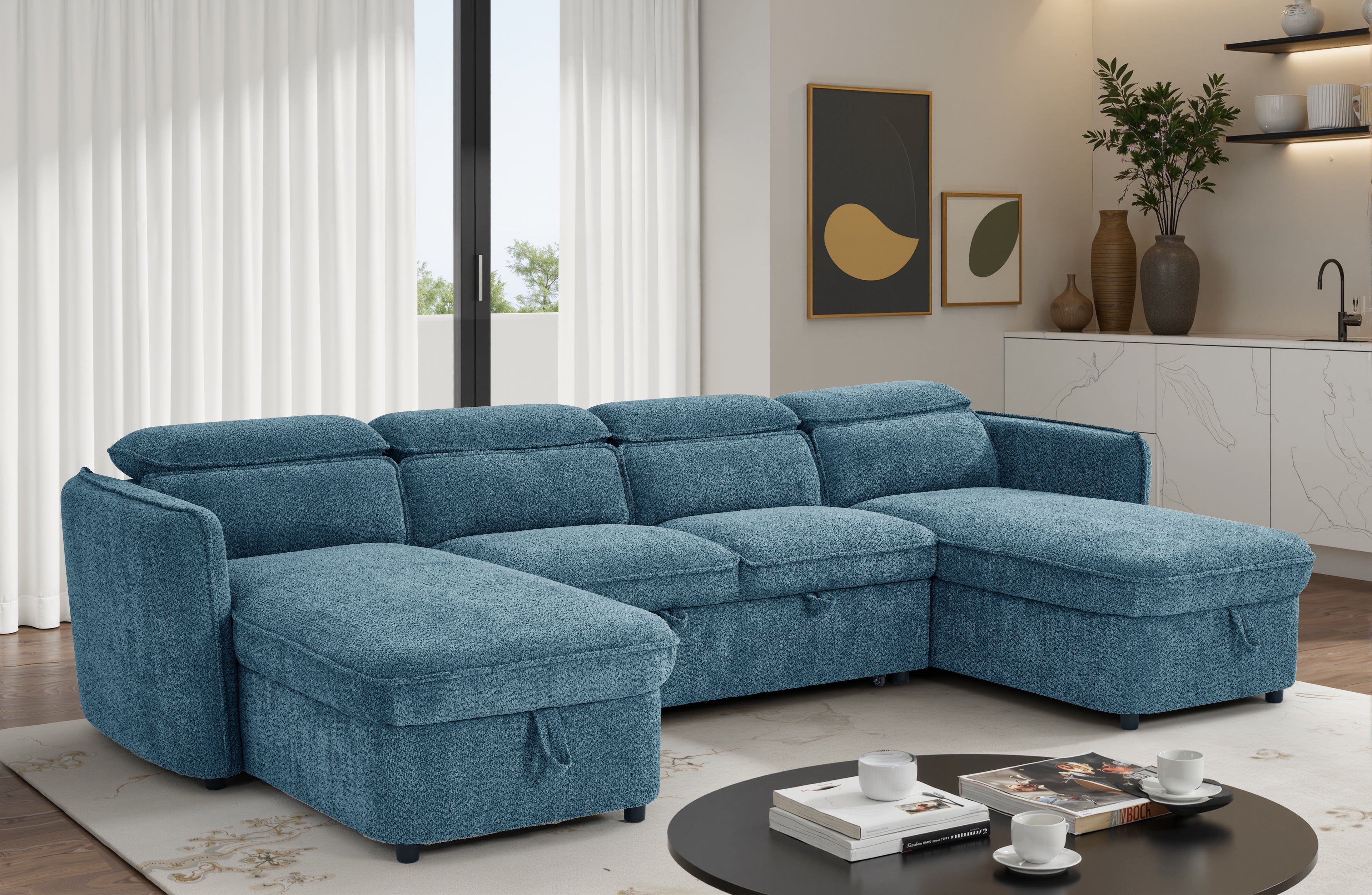 Capri Sofabed U shape Corner Sofa Bed Blue With Adjustable Headrests Morgan | Malvern | Somerford | Calix | Euphoria | Plush Style