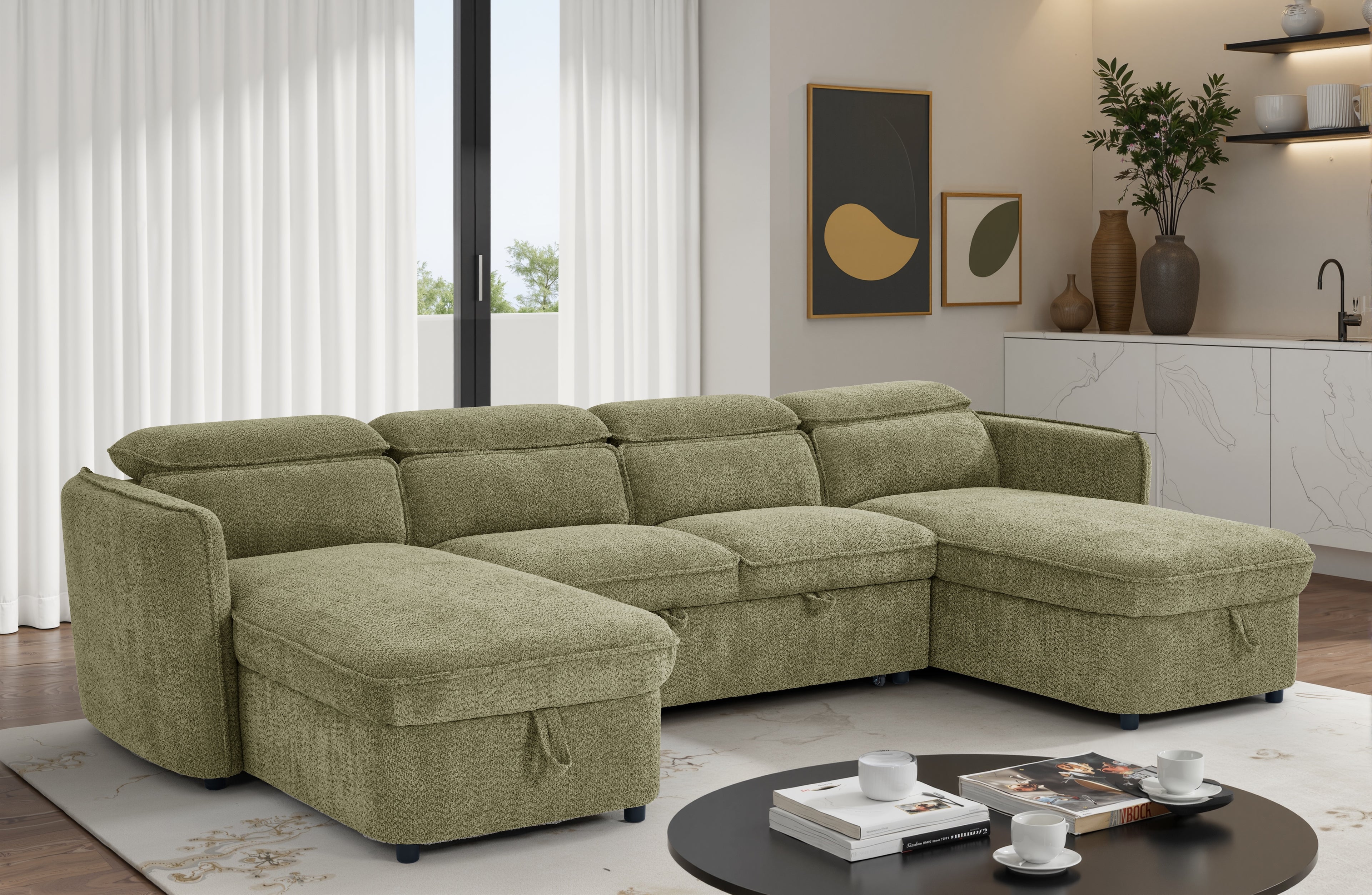 Capri Sofabed U shape Corner Sofa Bed Green With Adjustable Headrests Morgan | Malvern | Somerford | Calix | Euphoria | Plush Style