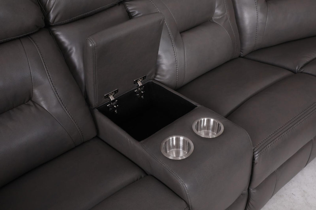 Novie Grey Leather Manual Large Corner Recliner With Console Unit