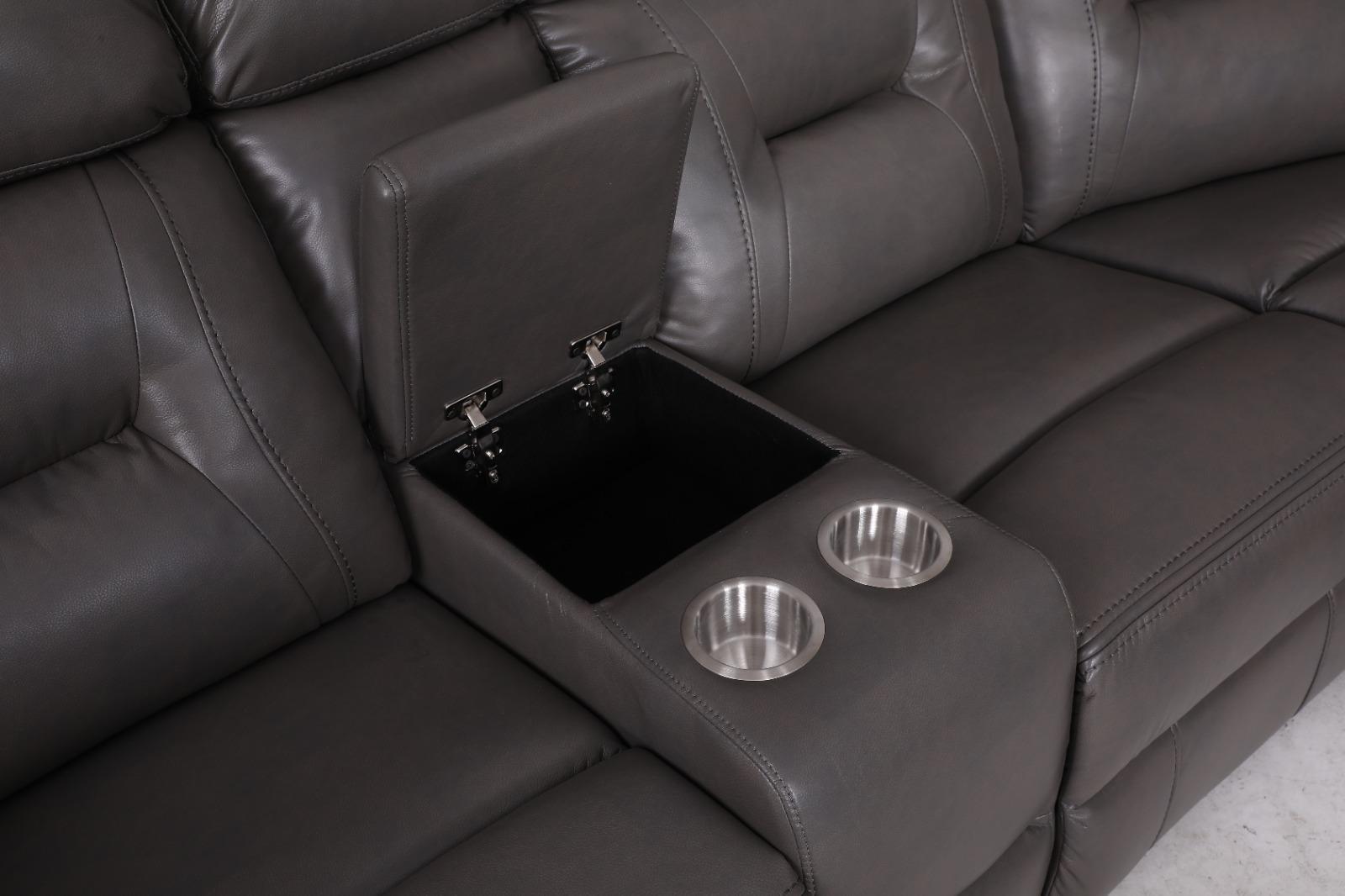 Novie Grey Leather Manual Large Corner Recliner With Console Unit