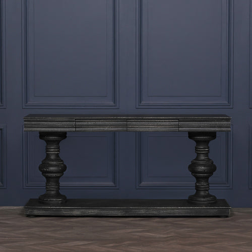 180cm Black Distressed Console Table with Drawers