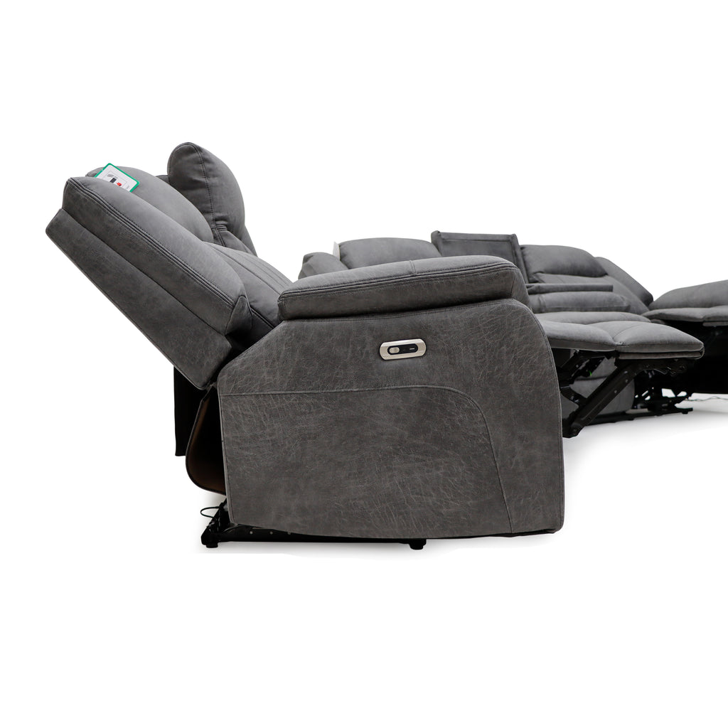 Leon Grey Tech Fabric 3 Seater Electric Reclining Sofa With Fold Down Cup Holders & USB/C Charging Ports