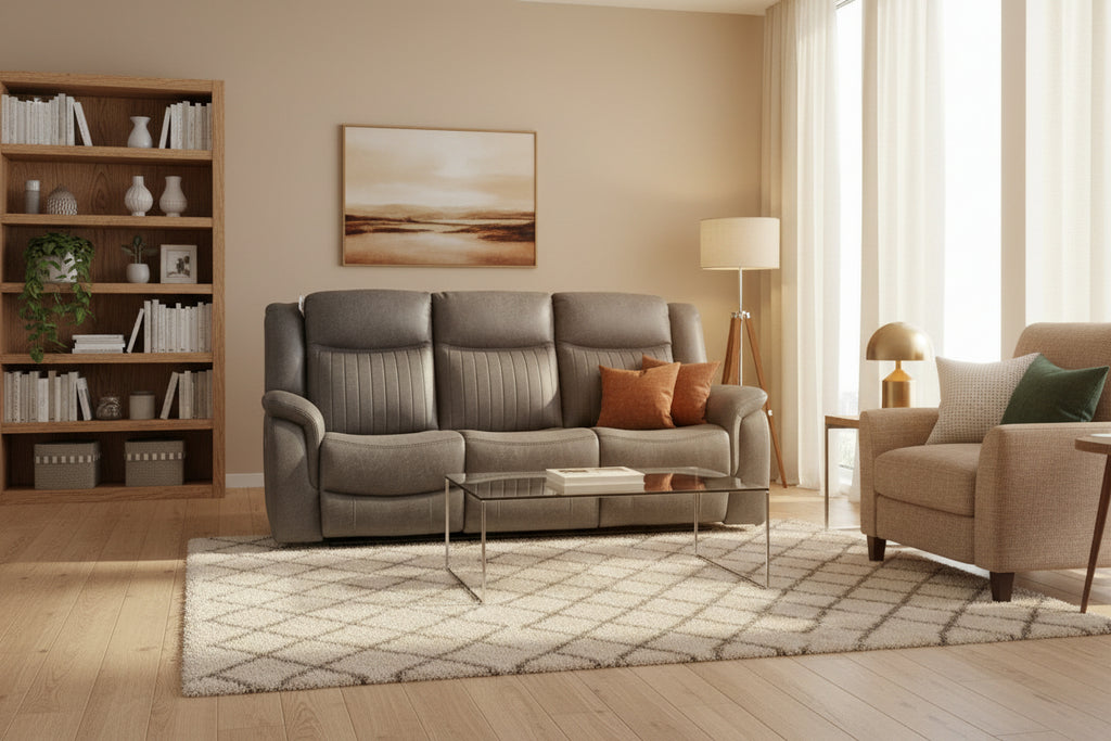 Leon Grey Tech Fabric 3 Seater Electric Reclining Sofa With Fold Down Cup Holders & USB/C Charging Ports