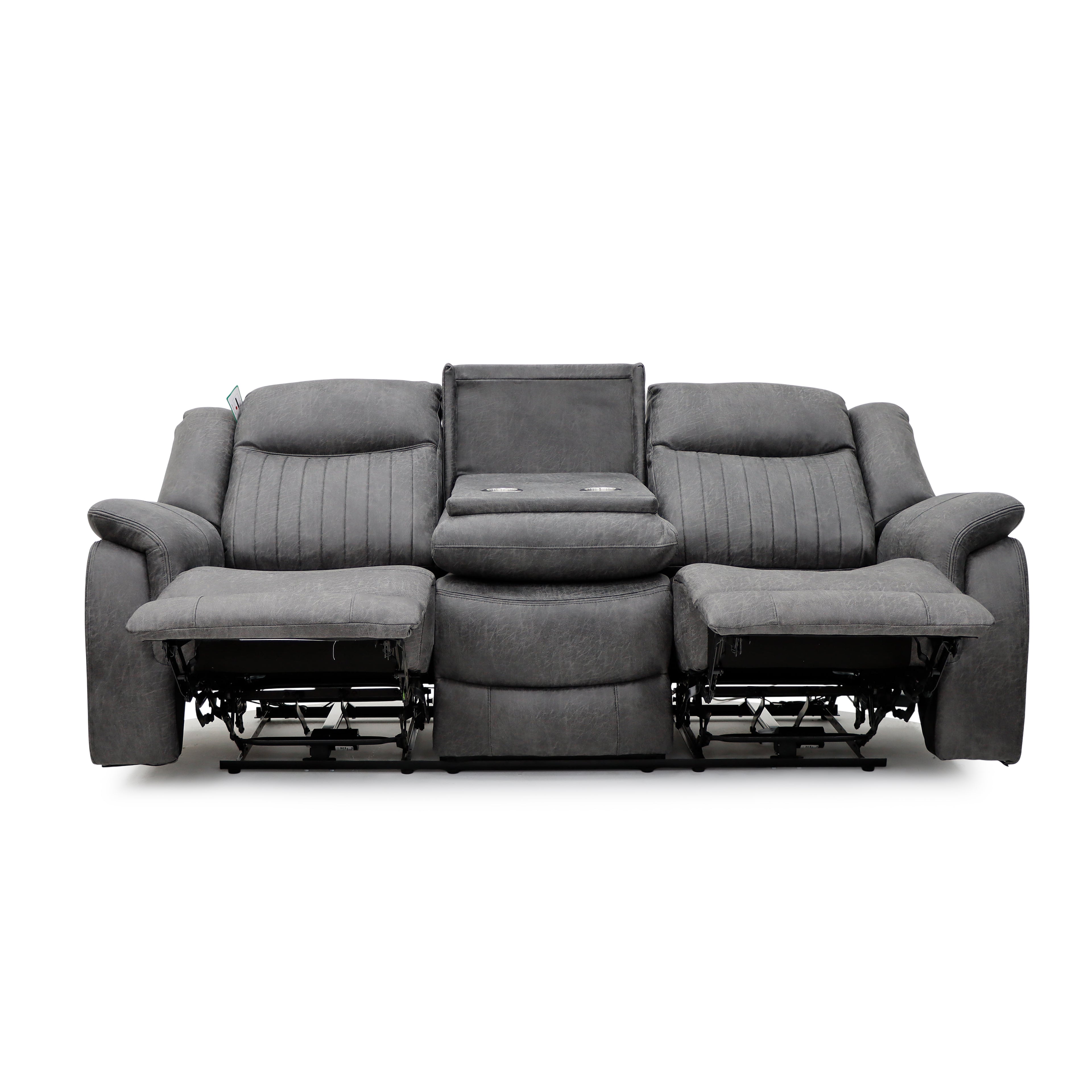 Leon Grey Tech Fabric 3 Seater Electric Reclining Sofa With Fold Down Cup Holders & USB/C Charging Ports