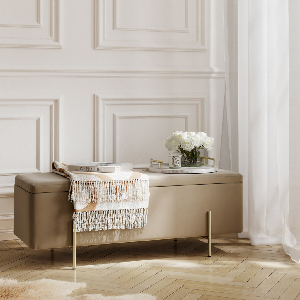 LOLA STORAGE OTTOMAN BEIGE VELET / BRUSHED GOLD