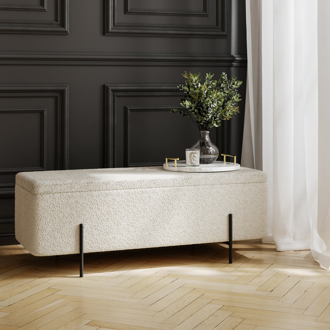 LOLA STORAGE OTTOMAN IVORY BOUCLE / MATTE BLACK