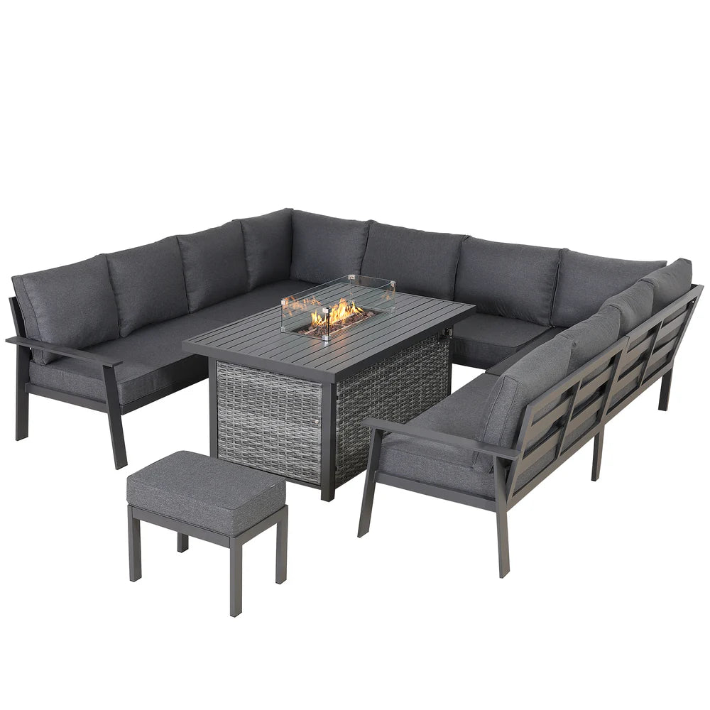 U Shape Garden Dining Set with Fire Pit Table