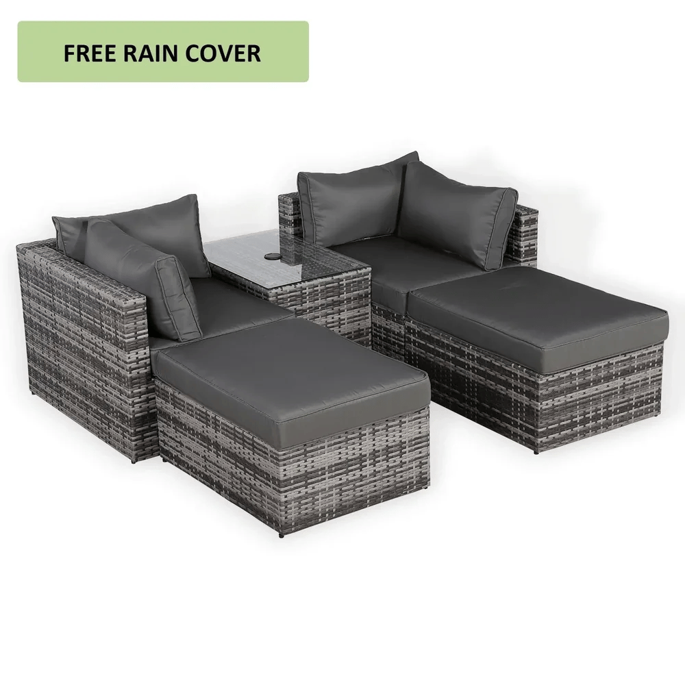 Nest Garden Lounger Set - Modular Chaise Sofa with Side Table & 2 Footstools - Includes Free Rain Cover