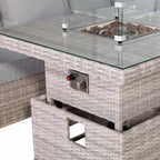 Square Rattan Dining Set with Rising Firepit Table Grey