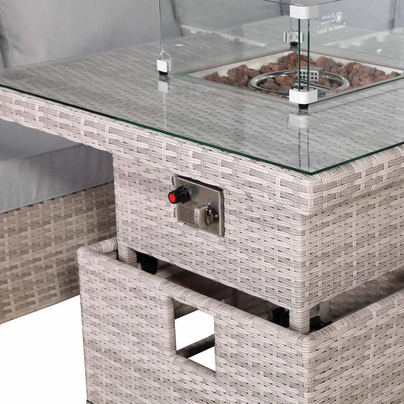 Square Rattan Dining Set with Rising Firepit Table Grey