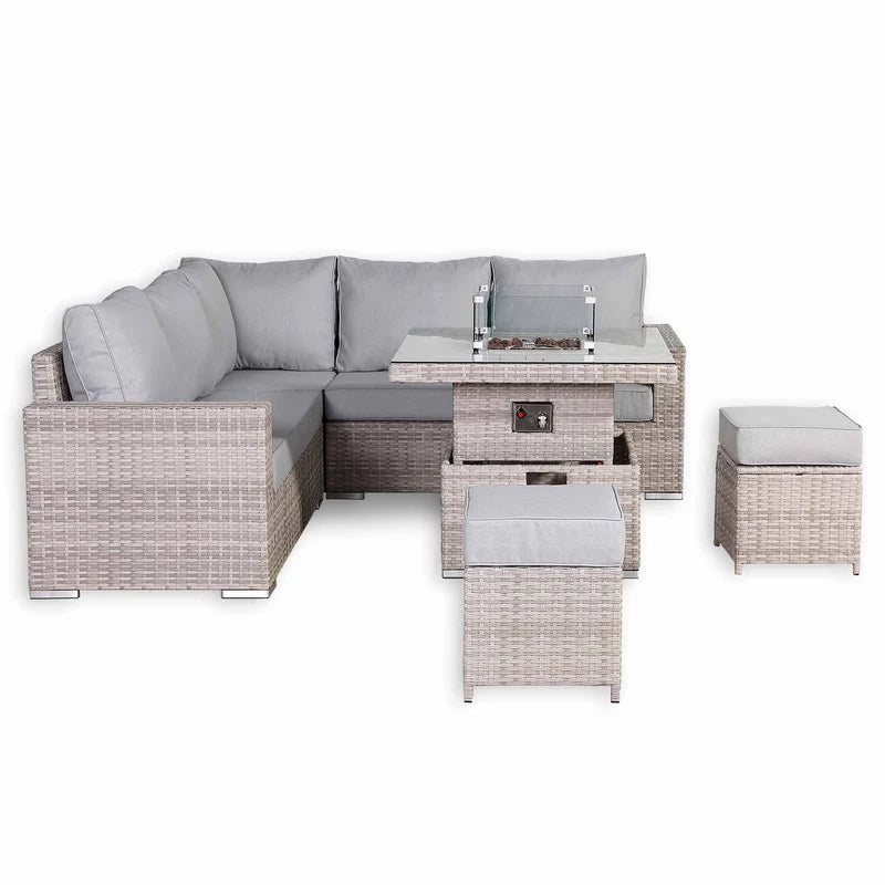 Square Rattan Dining Set with Rising Firepit Table Grey