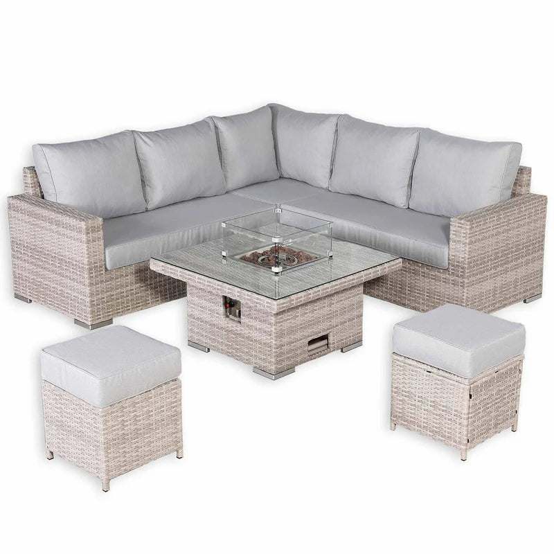 Square Rattan Dining Set with Rising Firepit Table Grey