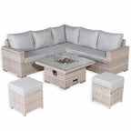 Square Rattan Dining Set with Rising Firepit Table Grey