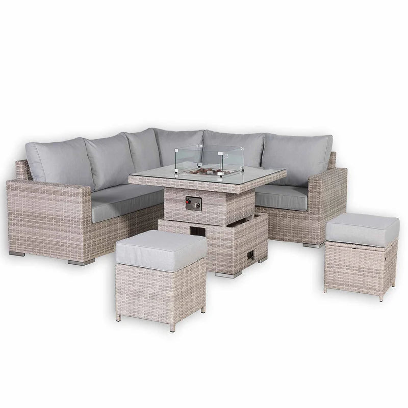 Square Rattan Dining Set with Rising Firepit Table Grey