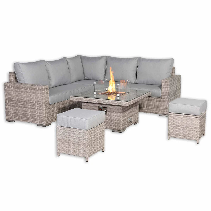 Square Rattan Dining Set with Rising Firepit Table Grey