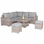 Square Rattan Dining Set with Rising Firepit Table Grey